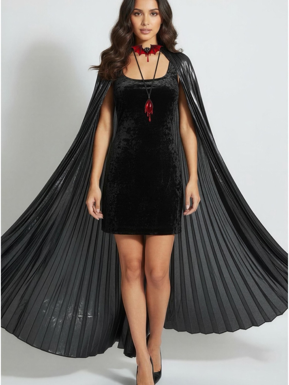 Vampire Costume W/Black Velvet Mini Dress with Dramatic Pleated Shimmery Cape-S